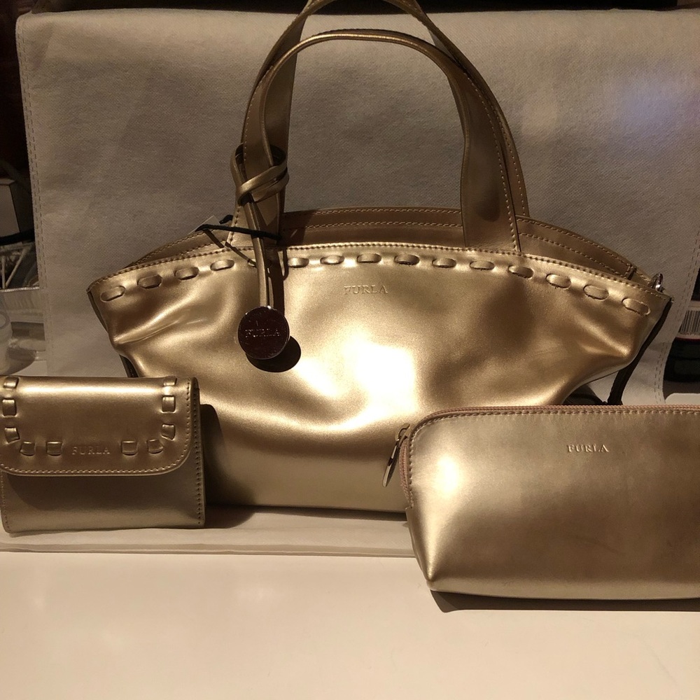 Gorgeous Furla gold patent leather handbag, cosmetics case and wallet set